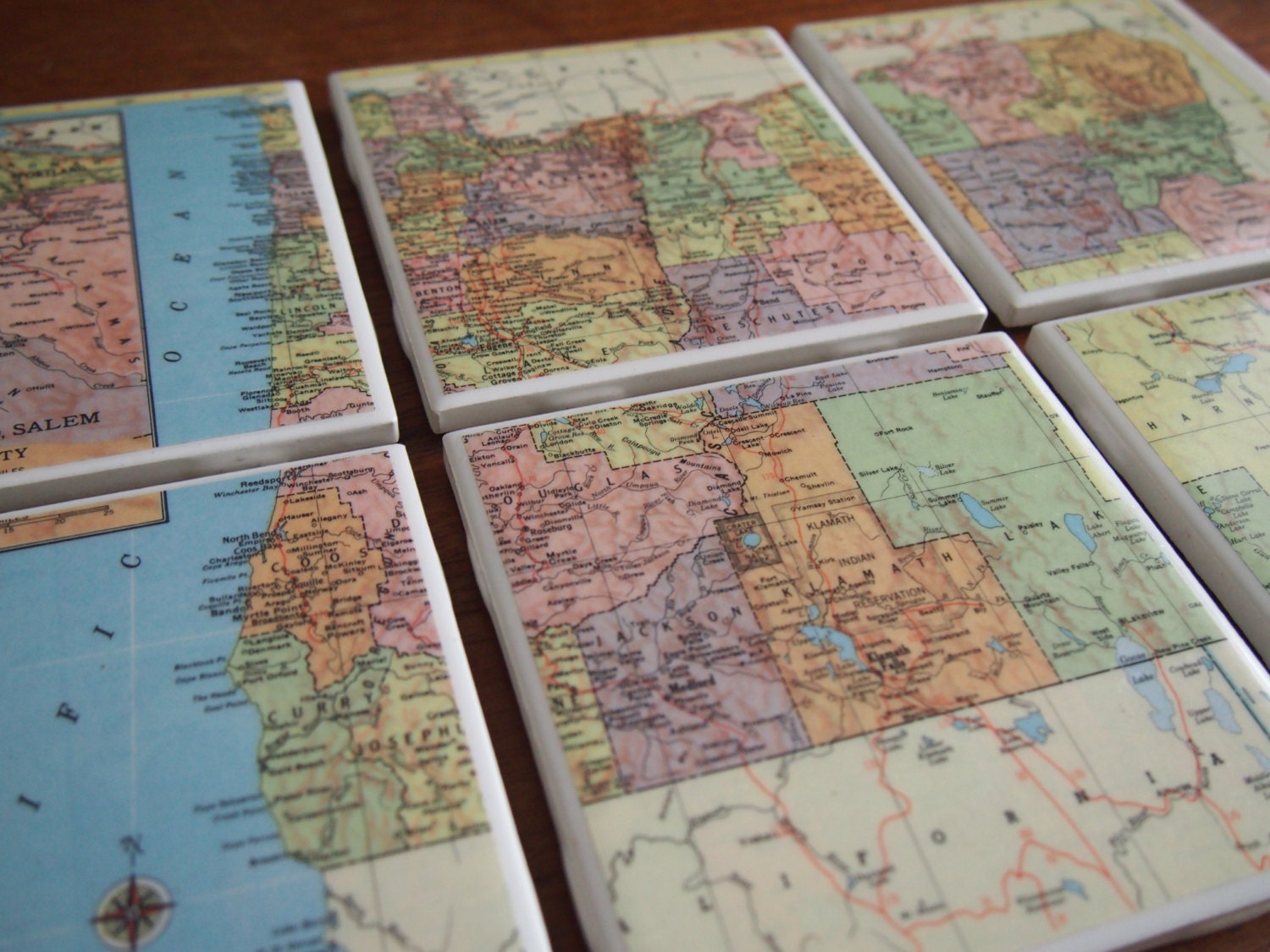 1957 Oregon Map Handmade Vintage Map Coasters - Ceramic Tile Coasters set of 6 - Repurposed 1950s Hammond Atlas OOAK Drink Coasters