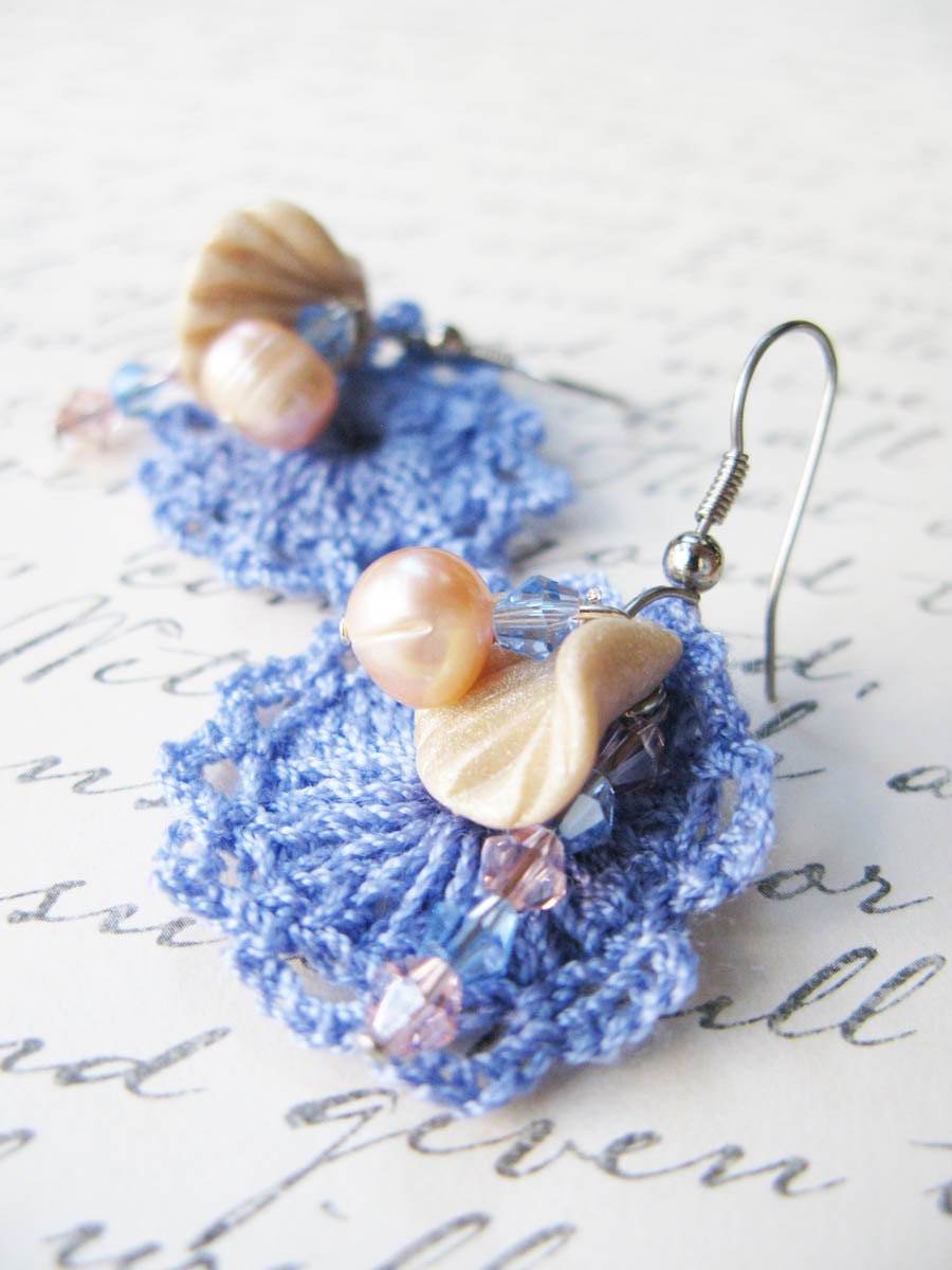 Purple and Peach - Mini Doilies Lace and Handcrafted Polymer Clay Shell Earrings with crystals and Freshwater Pearls - Beautifully Packaged