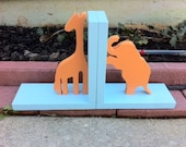 Orange and Blue Giraffe and Elephant Bookends - Nursery Bookends, giraffe bookends, elephant bookends
