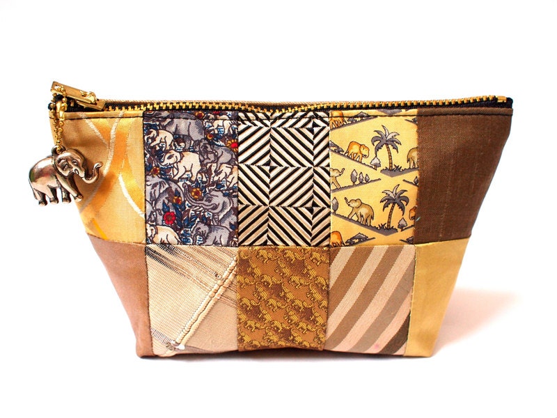 Golden Brown Thai Elephant Silk Patchwork Coin Purse with Zipper and Elephant Pendant
