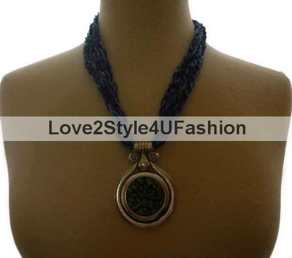 Memorial Day Sale Cascade Ladder Yarn Necklace Trellis Ribbon Necklace Unique Gifts Handmade Fashion Jewelry Fiber Art-Blue