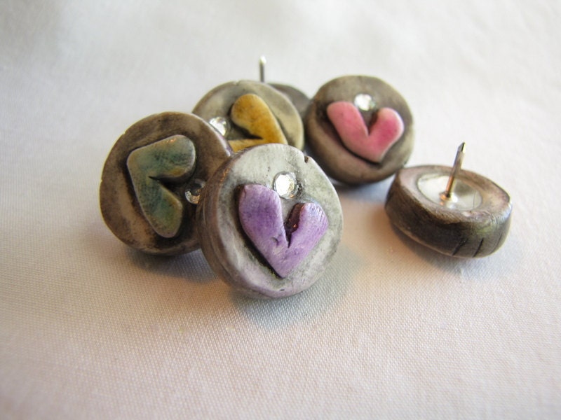 Jewel hearts Thumb tacks - Push pins - polymer clay