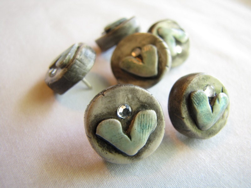 Blue Hearts Thumb Tacks - polymer clay