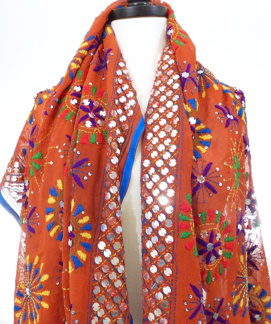 Large Embroidered Shawl, Orange Silk Sarong, Gypsy Shawl, Silk Cover up, Silk Chiffon Pareo, Indian Sari Scarf, Large Scarves