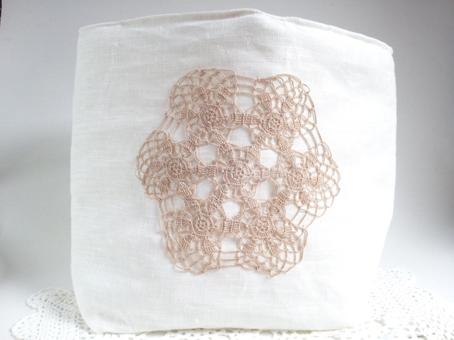 Large Fabric Storage basket, white, linen and vintage doily, fabric bin, natural, container bin, nursery organizer.