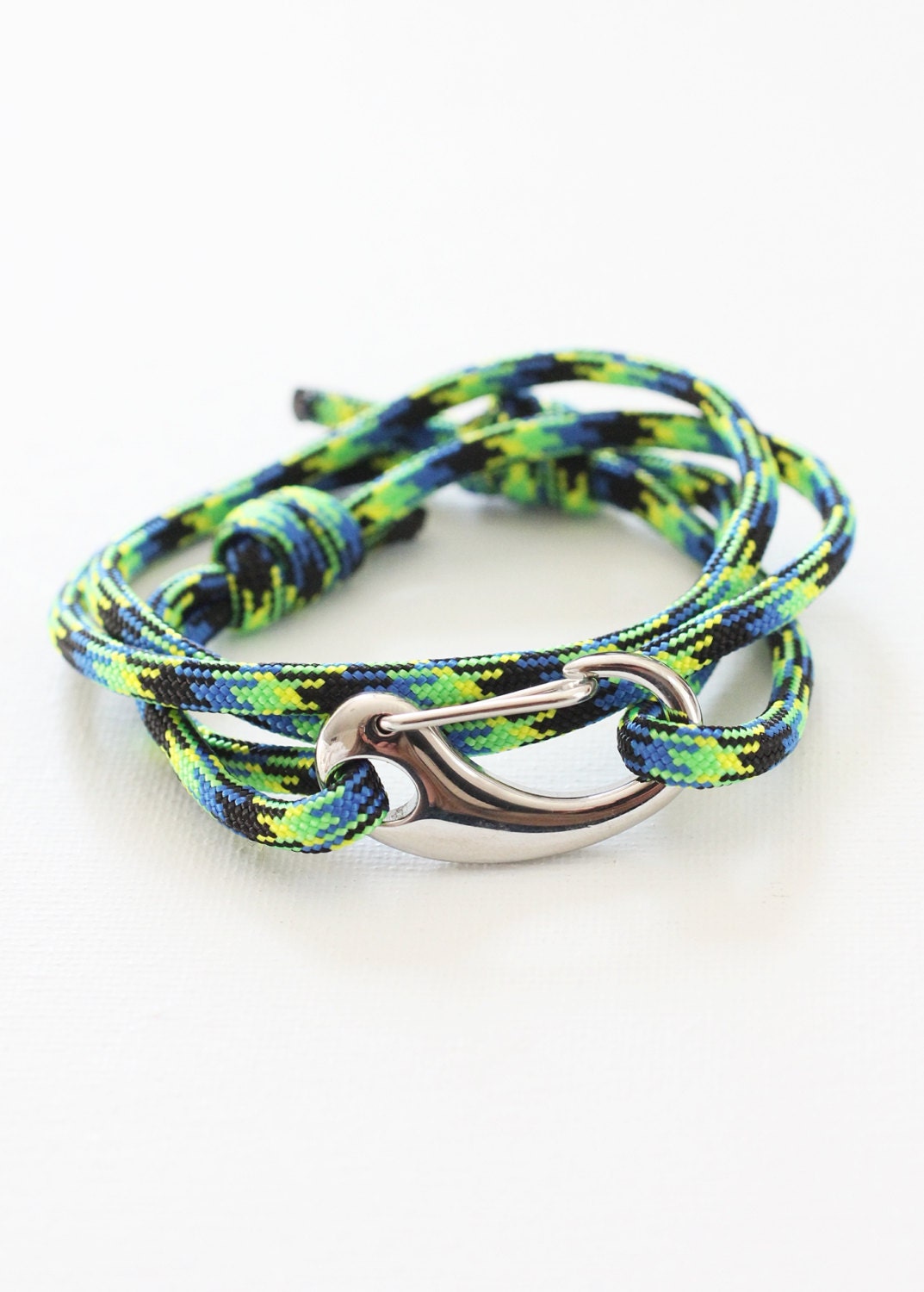 Nautical Jewelry, Sailor Snap Hook Bracelet, Surfer Jewelry, Nautical Bracelet, Lime Green and Blue