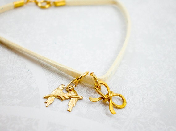 REDUCED Cream Ivory Leather Gold Love Bird Love Knot Bracelet, 24k Vermeil Gold Charm Bracelet, 14k Gold Filled Charm, inv35