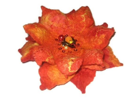 Red Orange Yellow Felted Flower Brooch, Nuno Felted Wool, Fire shades, under 20 dollars for her