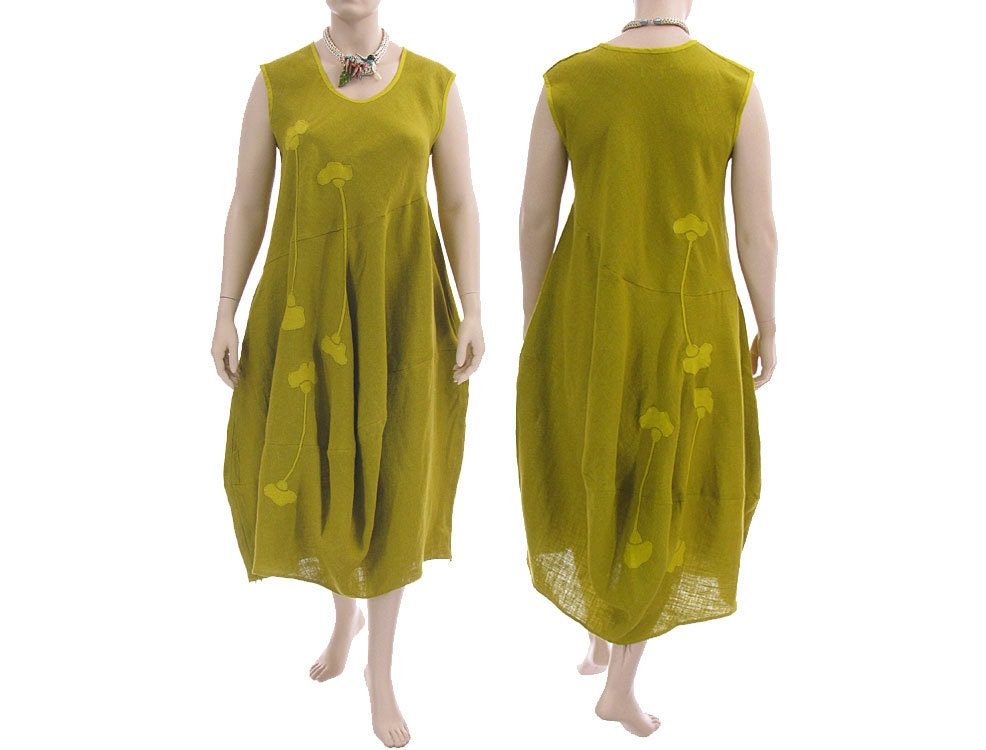 Artsy boho linen dress, balloony shape in mustard / maxi dress - lagenlook for plus size women, extra large / more flowers
