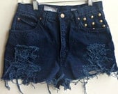 High Waisted Denim Shorts Studded Navy Jean Shorts Distressed Ripped