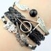 Harry potter,Harry Potter Snitch and Owls Charm Bracelet,Black rope and Leather Braided Bracelet-Personalized, Friendship gift-N1297