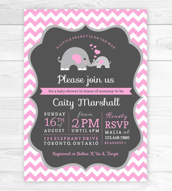 A Little Peanut is On the Way, Printable, Baby Shower Invitation, Pink, Grey, Elephants Il_570xn