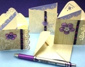 3 Purple Cream Notecard/Envelope Stationary Set,  Embellished Blank Card/Envelope, Purple Cream Design Handmade Card/Envelope Stationary Set