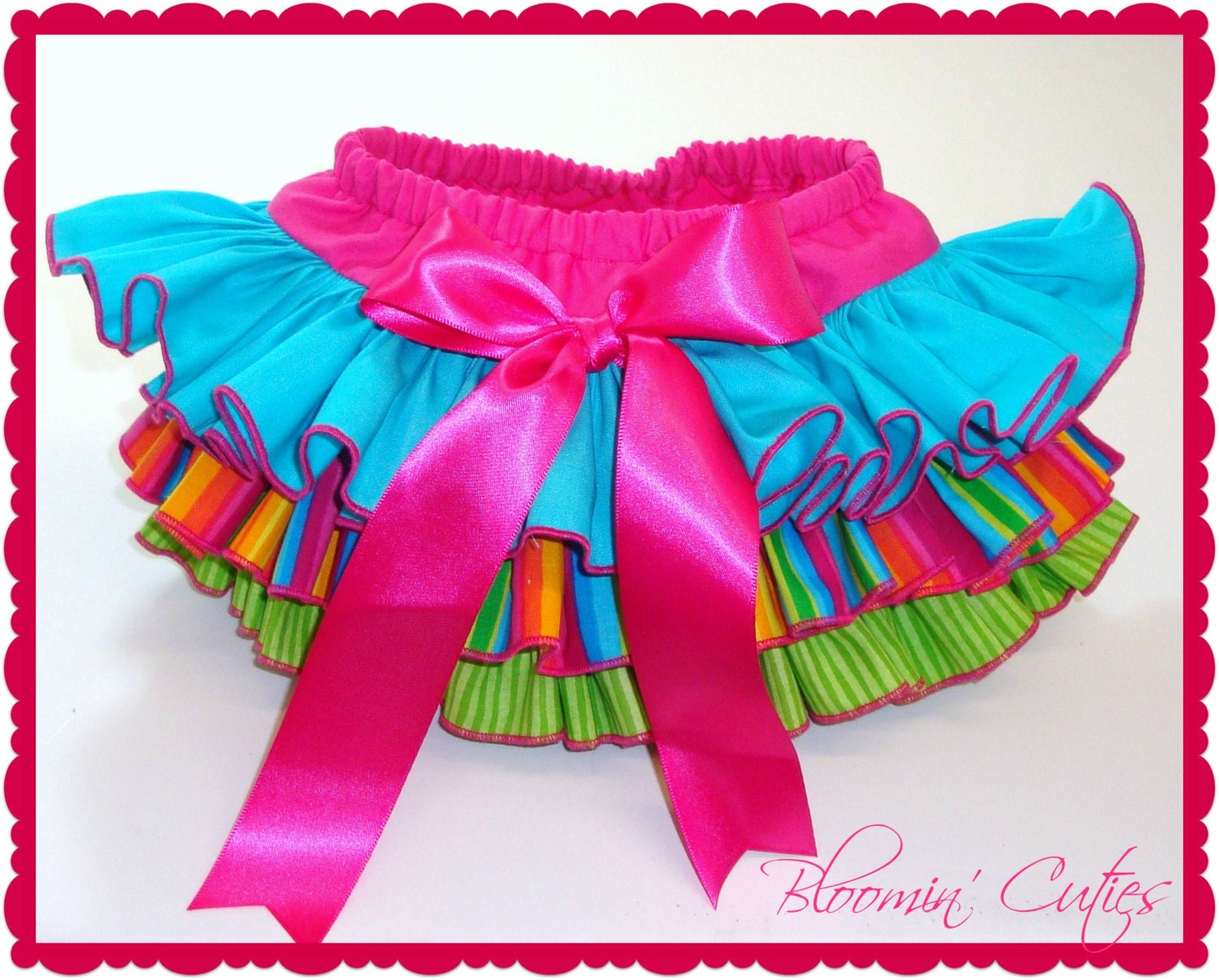 Little MISS LOLLIPOP Newborn Infant Toddlers Hot Pink Ruffle Diaper Cover Bloomers Framed in Multi Color Ruffles by Bloomin Cuties Boutique