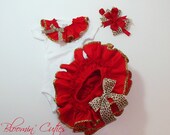 Little MISS MIA Red With Leopard Trimmed RUFFLES All Around Newborn Infant Toddlers Ruffle Bloomers Diaper Cover Onesie & Bow Set