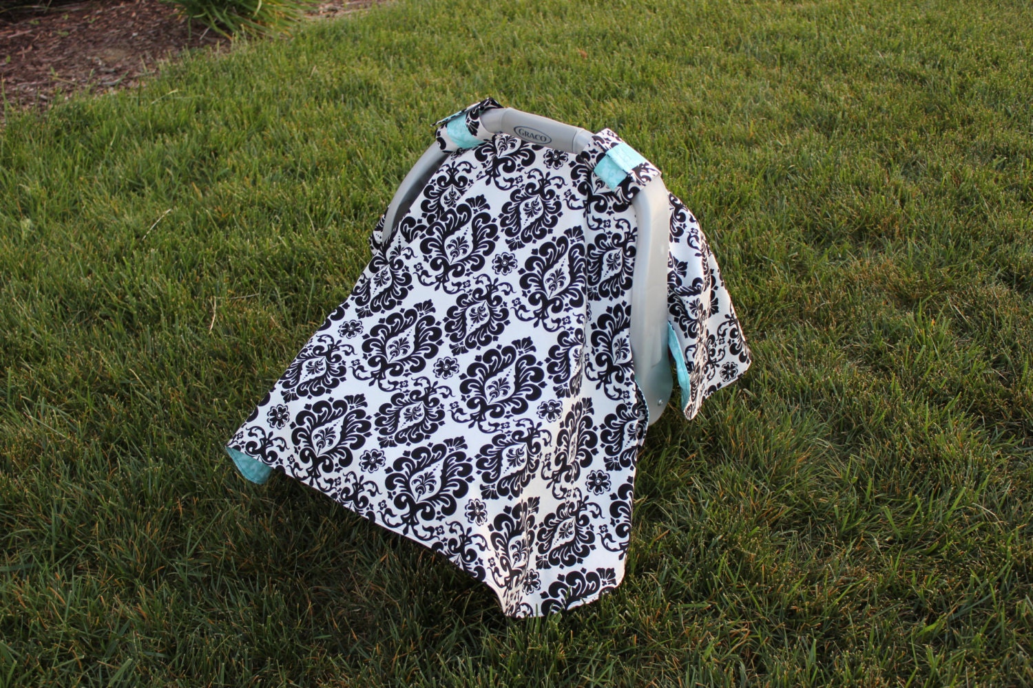 Car Seat Canopy - Black Damask with Aqua Inside