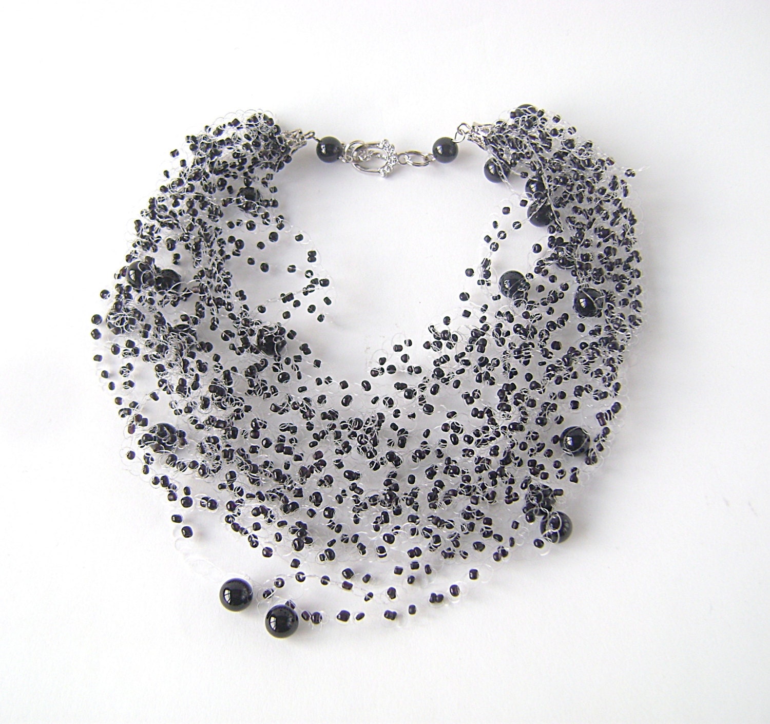 Airy crochet Necklace with seed beads, black agate beads / black modern jewelry - PrettyNatali