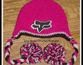 Pink fox racing girls crochet beanie newborn child and adult size hats  baby for girl or can be made boy 3-6 6-12 months 1-3 years and up
