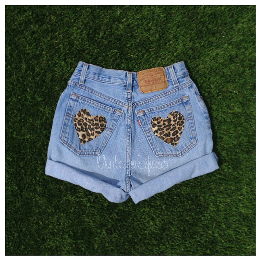 High Waist Denim Leopard Heart Pocket Jean Shorts  ALL Sizes available