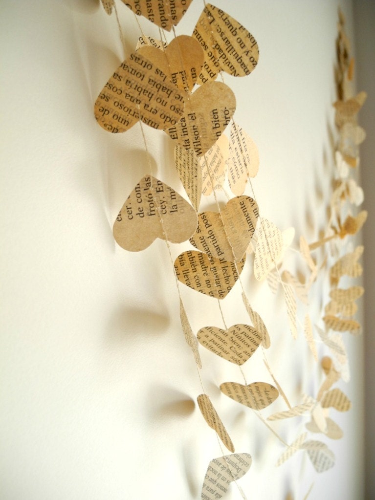 Wedding garland, vintage book paper garland, Wedding decoration, Paper heart garland, ivory paper garland,  Party Garland, home decor