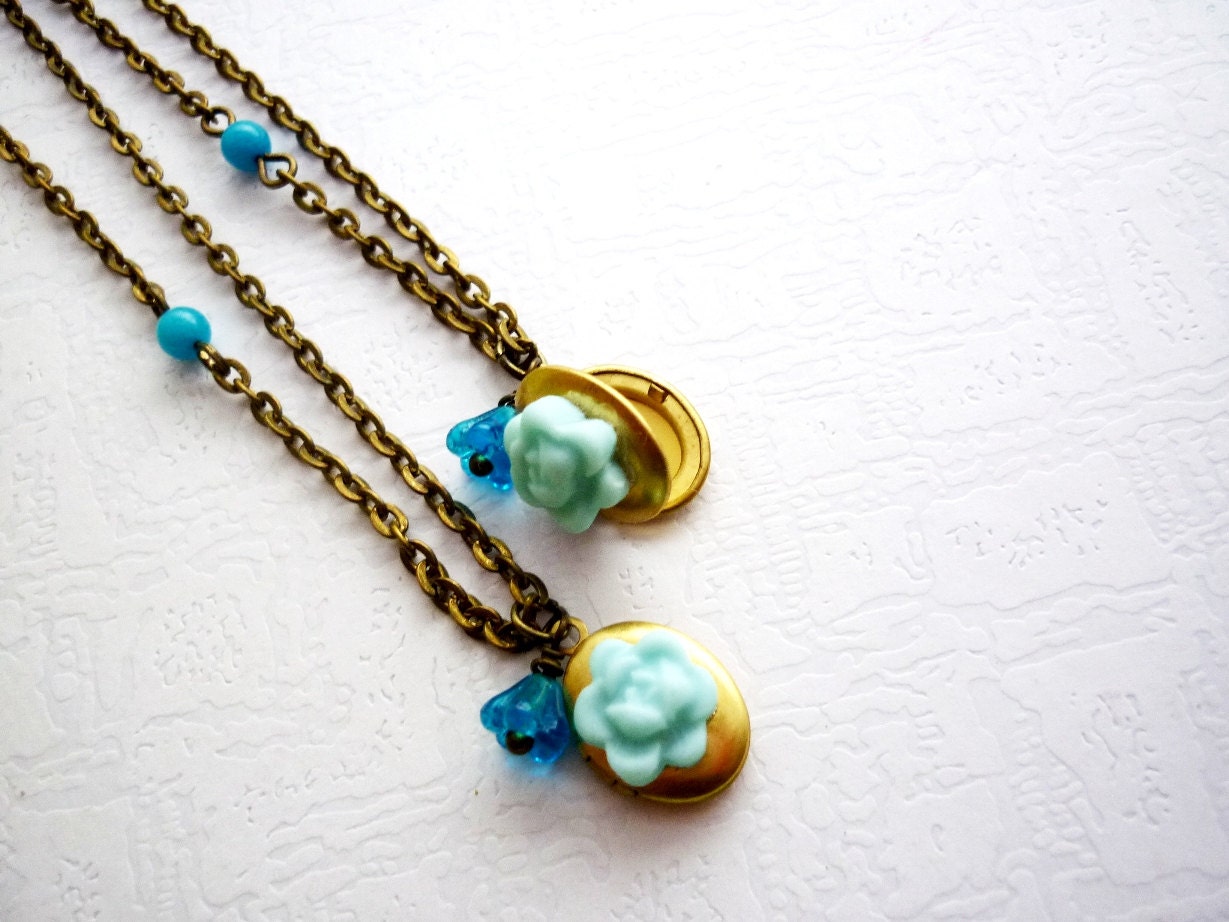Set of 2 Blue Wedding Jewelry, Bridesmaid Gift, Bronze Locket, Vintage Rustic Weddings, Aqua Maid of Honor Necklace