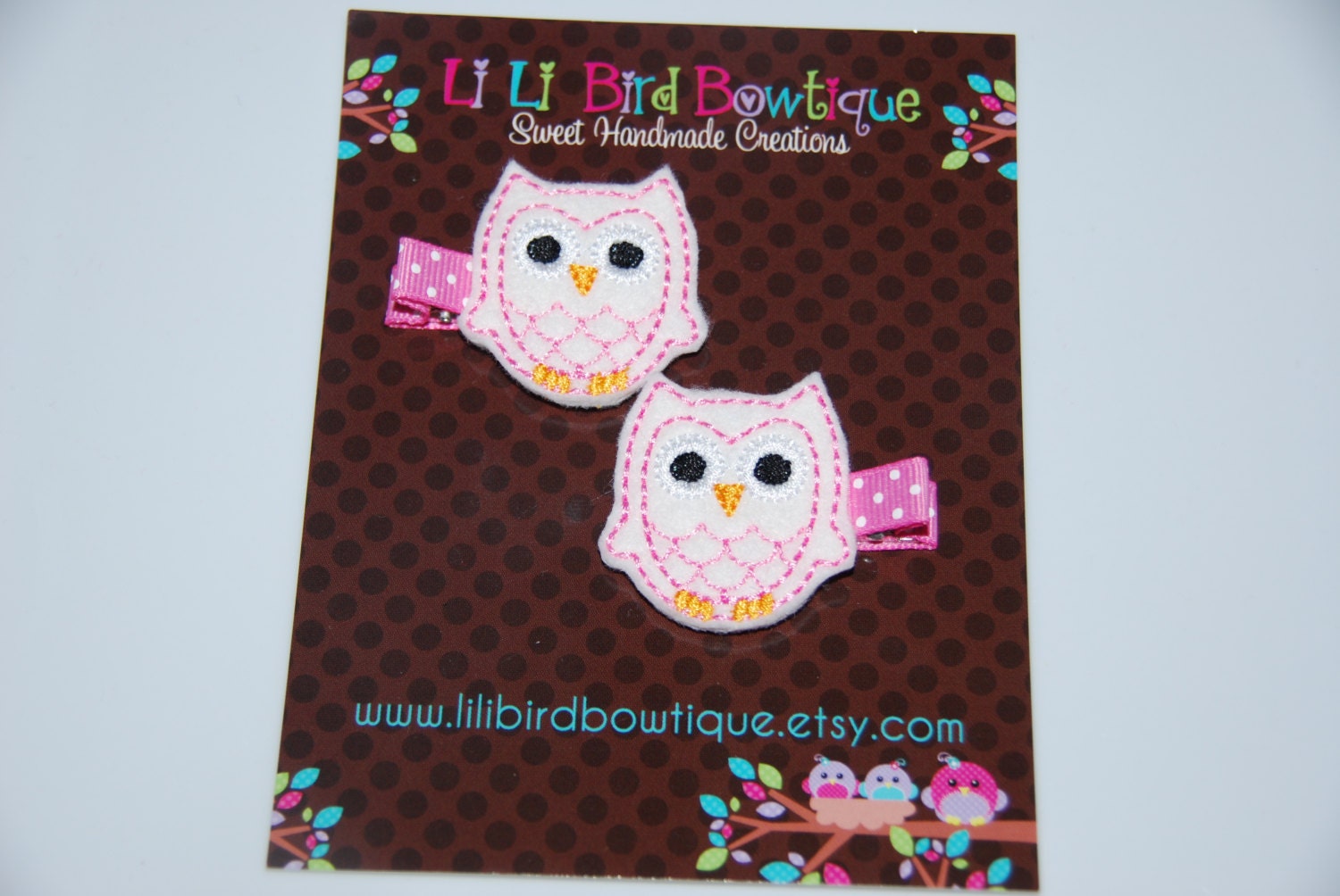 SET OF 5 Pairs of Felt Embroidered Pink & White OWL Hair Clips / Birthday Party Favor / Toddler Hair Clips / Party Favors
