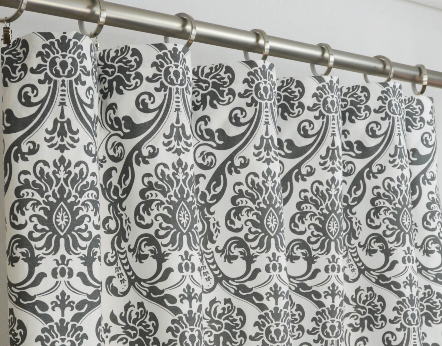Pair of Rod Pocket Curtains in Flamingo Gray and White Abigail Damask print