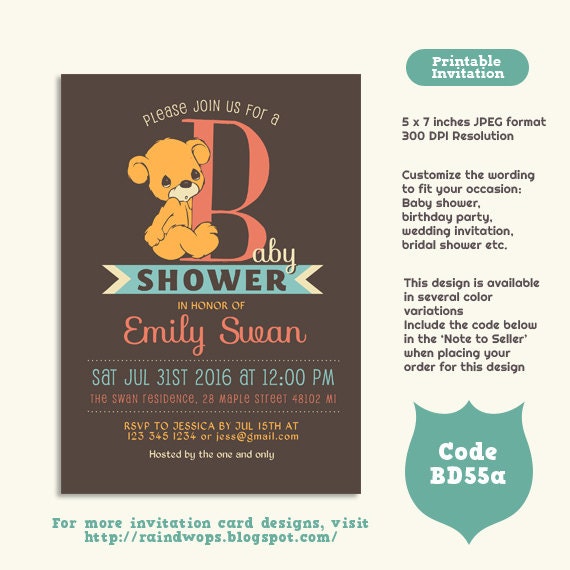 Teddy Bear Baby Shower Invitation Printable Digital DIY Card