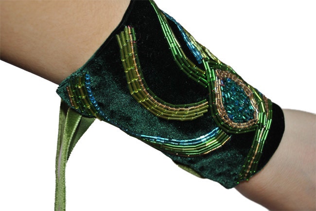 Green Velvet Fabric Peacock Feather Cuff - Inspired by the 1920s/Art Deco