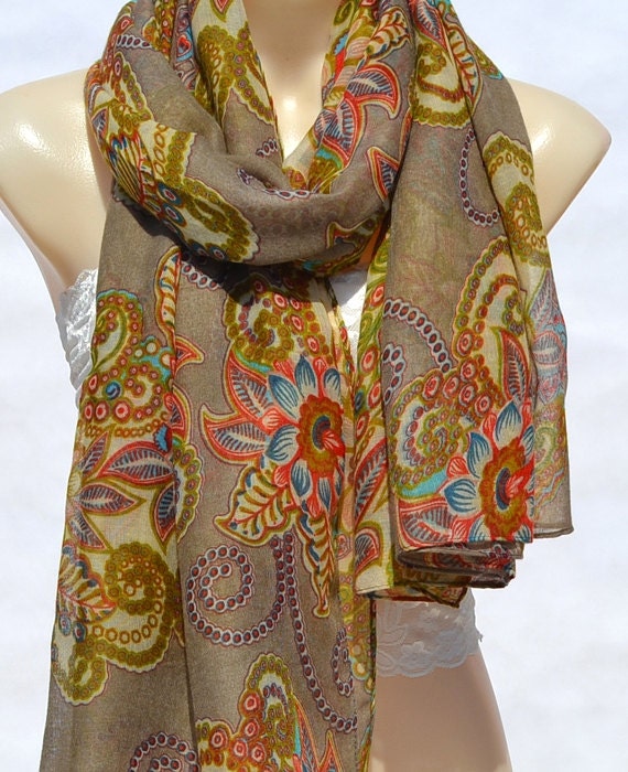 Khaki totem printing scarf, folk style cotton scarf, Paris yarn scarf, shawl, soft comfort women fashion accessories