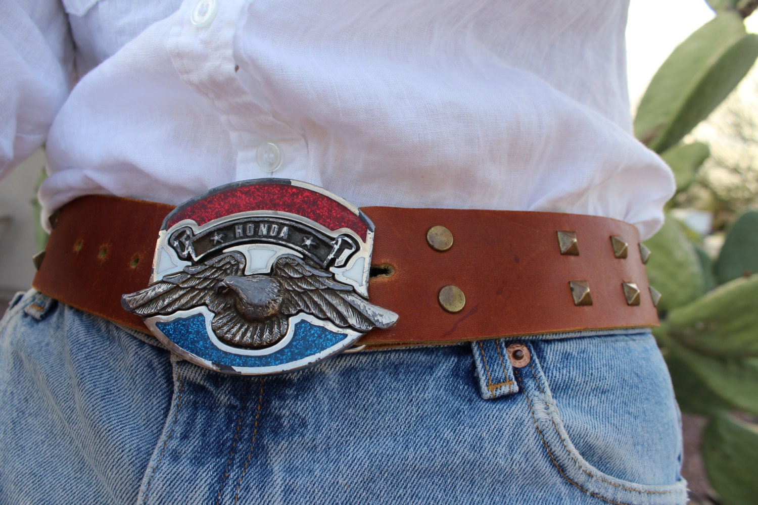 Vintage Brown Leather Studded Honda Belt and Eagle America Belt Buckle