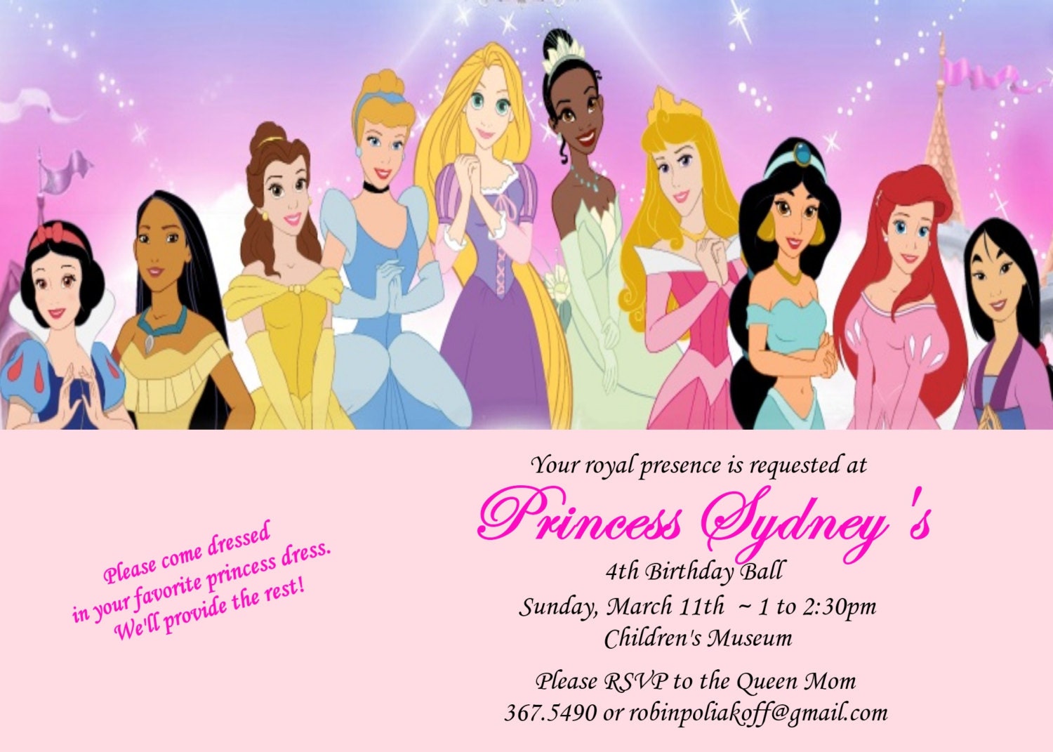 Disney Princess invitation Set of 10 Snow White Pocahantus Belle Cinderella Rapunzel Jasmine Ariel Mulan
