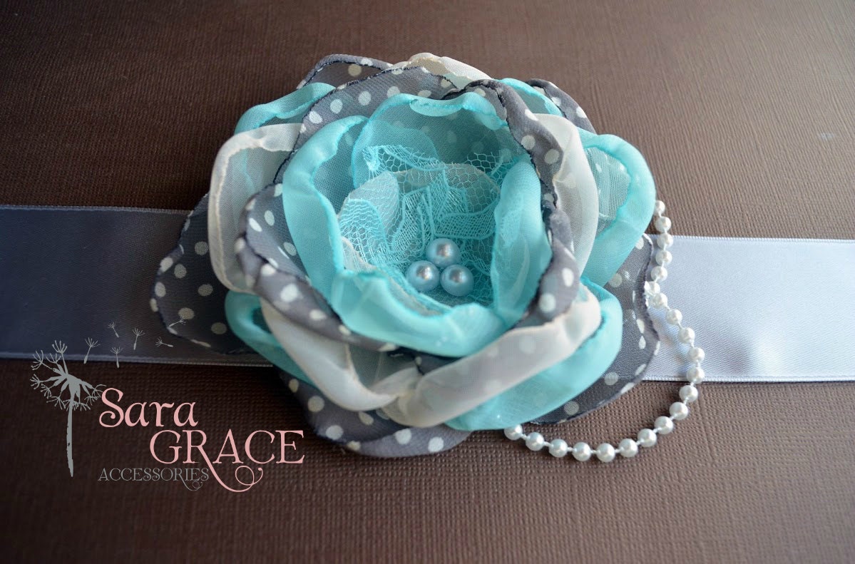 Polka Dot Maternity Sash - "It's a Boy" (teal, grey, polka dot, chiffon, pearls, satin)