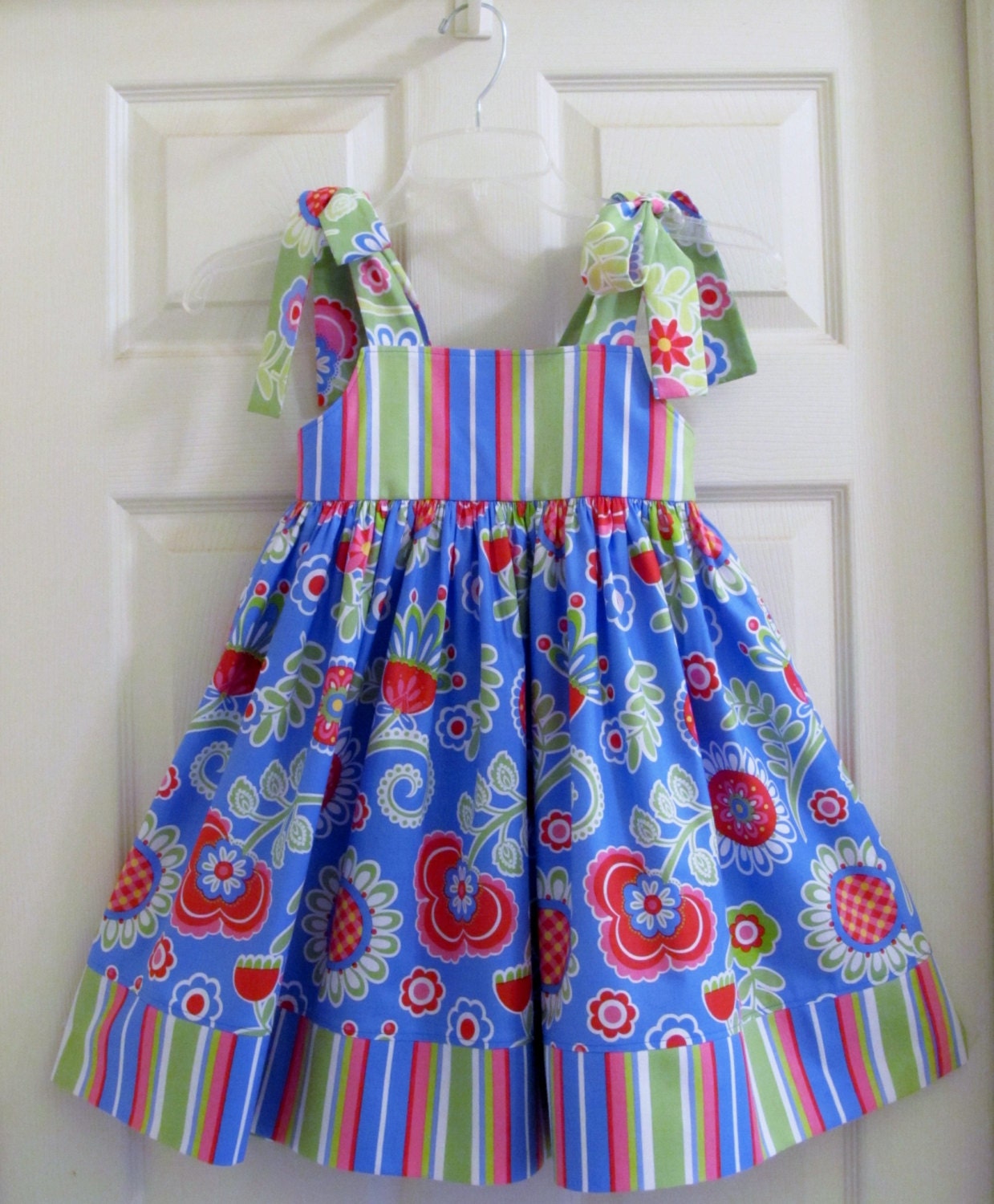 Girls Dress Sundress, Easter Dress Flowers Stripes. Spring, Summer, Church. Custom Orders Available.