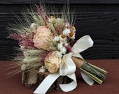 Rustic Farmhouse Wedding Flower Girl Bouquet, Shabby Chic Wedding, Dried Flower Bouquet, Blush Peony Bouquet with Wheat and Wild Flowers