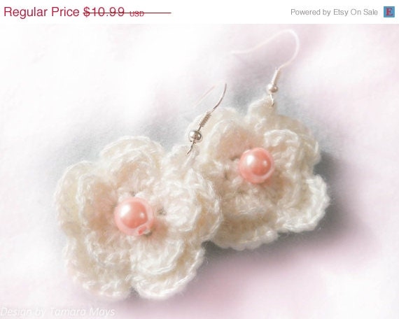 SALE White Flower with Pink Pearl Crochet Earrings