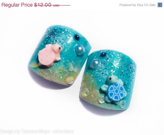 SALE Turtles on the Beach Fake Toenails 3D Nails for Toes