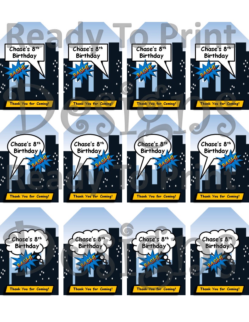 SuperHero Comic Book Favor Tags - 2"x3" - Personalized - DIY Printable Party Decorations Il_170x135