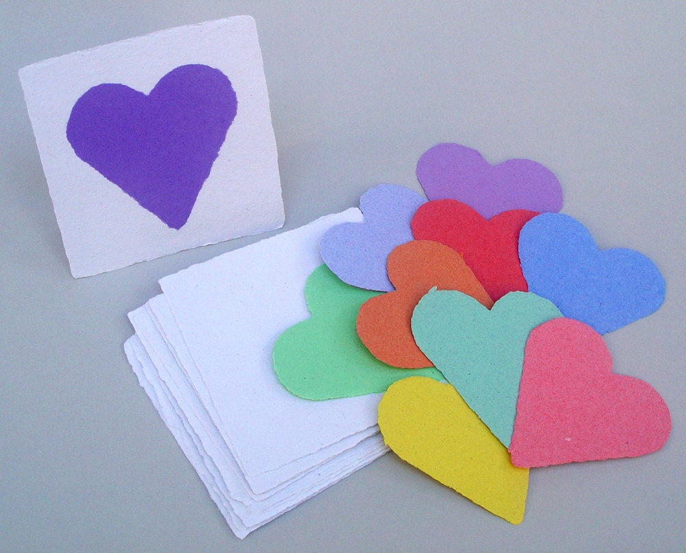 DIY heart cards, handmade paper, recycled, deckle edge, 4"x4" white cardsrock and multicolored hearts, set of 10 each