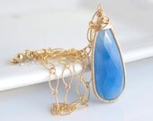 Blue Chalcedony Pendant Necklace, Bezel Set Necklace, Blue Necklace, Bridal Necklace