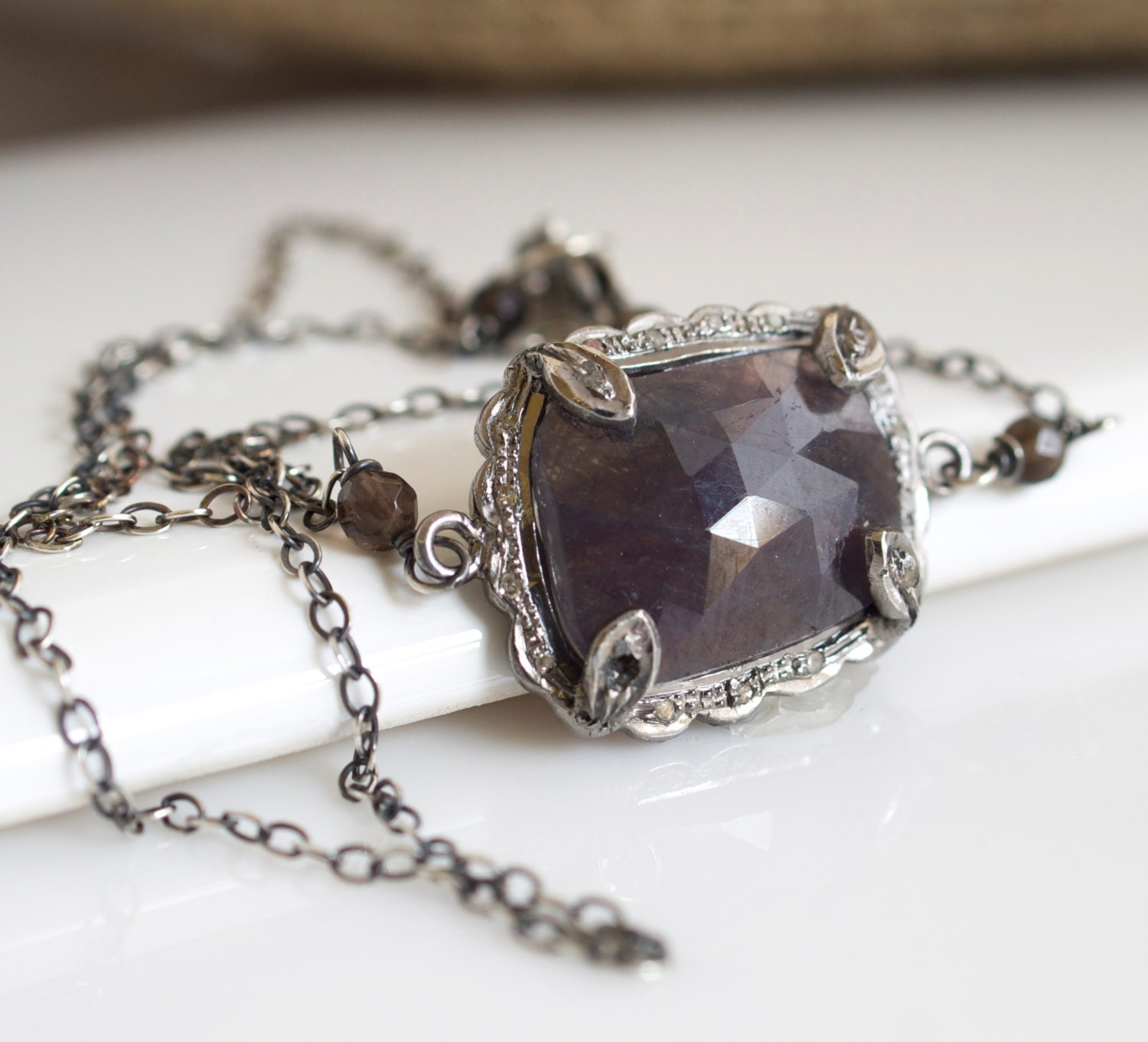 Bezel Set Sapphire Necklace, Sapphire Pendant Necklace, Oxidized Silver Necklace