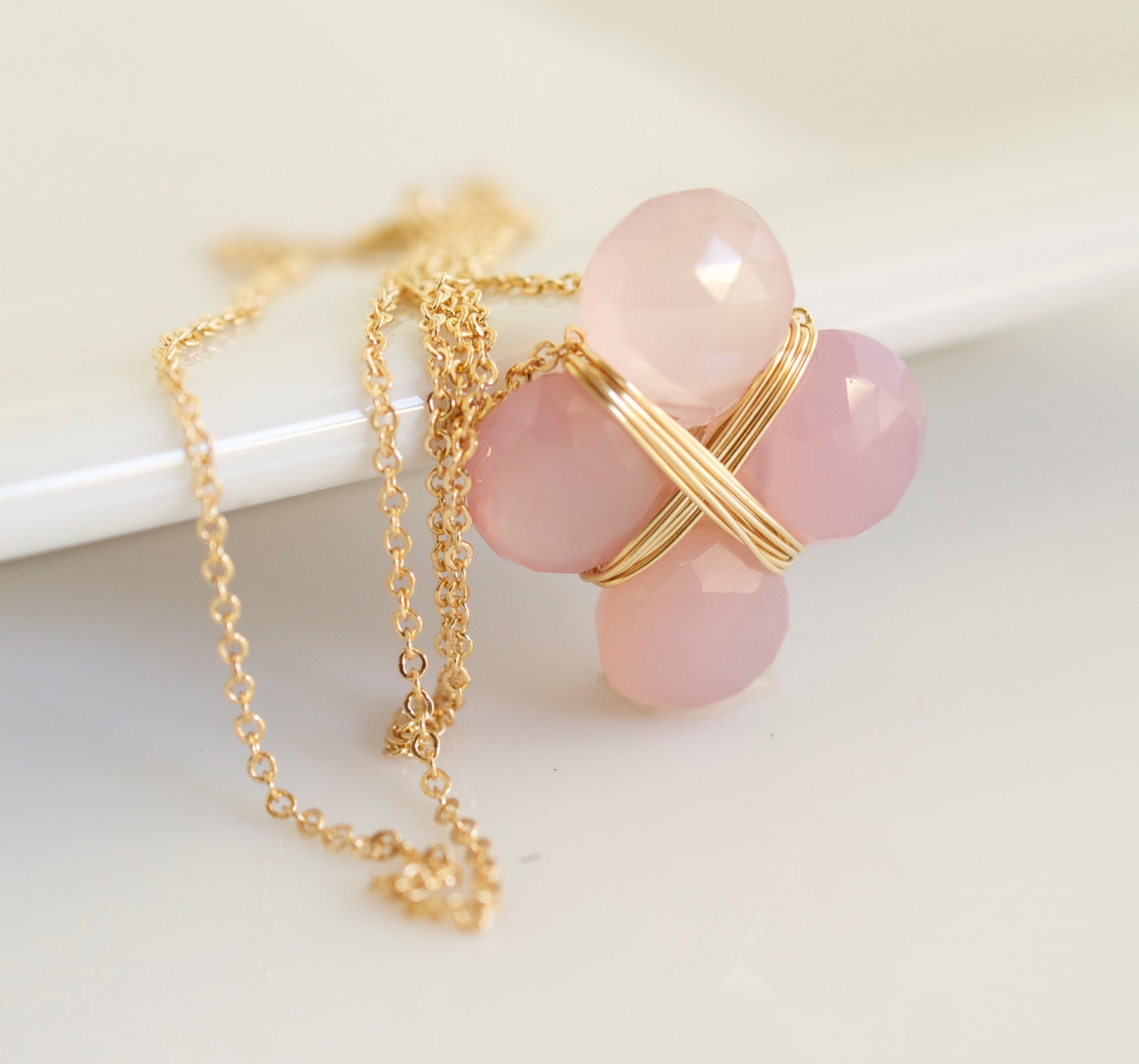Pink Chalcedony Flower Necklace, Chalcedony Pendant Necklace, Pink Necklace, Gold Necklace