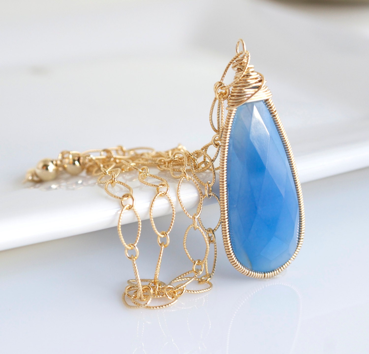 Blue Chalcedony Pendant Necklace, Bezel Set Necklace, Blue Necklace, Bridal Necklace