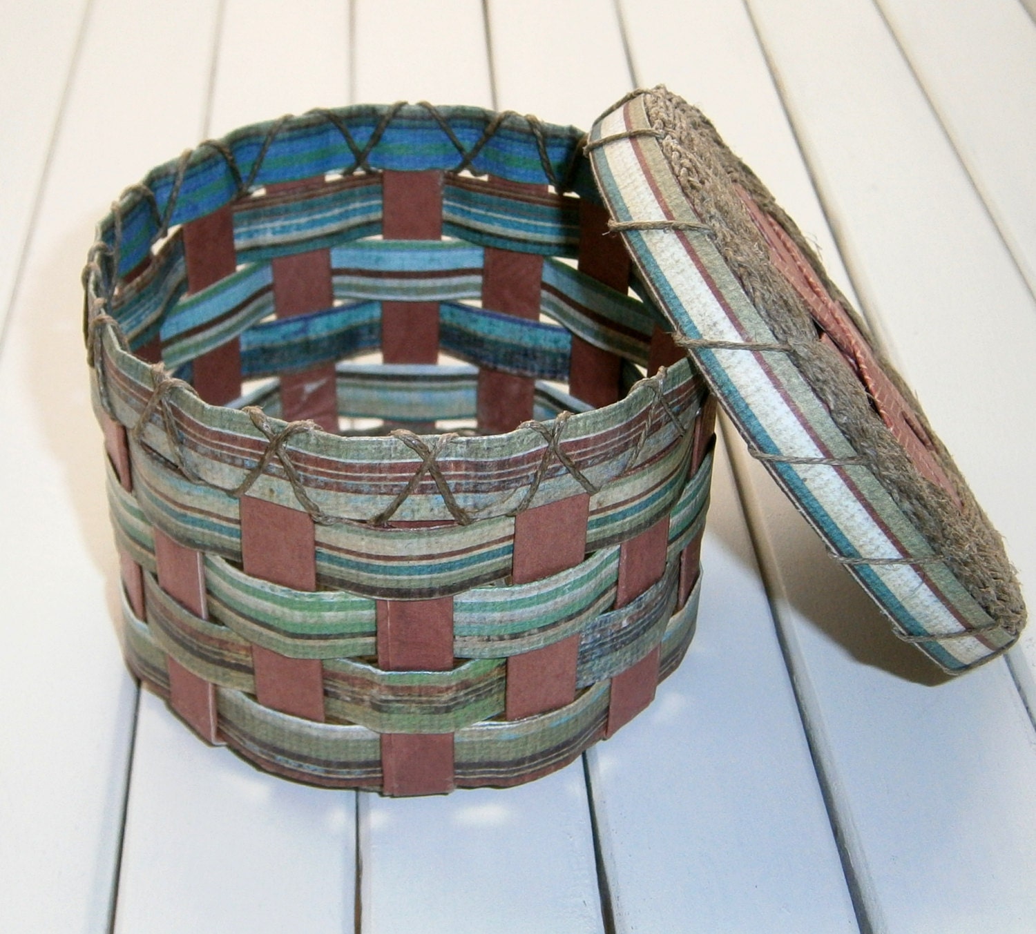 Woven Recycled Paper Basket - Multi-Color Stripes / Hemp Twined Base, Handmade