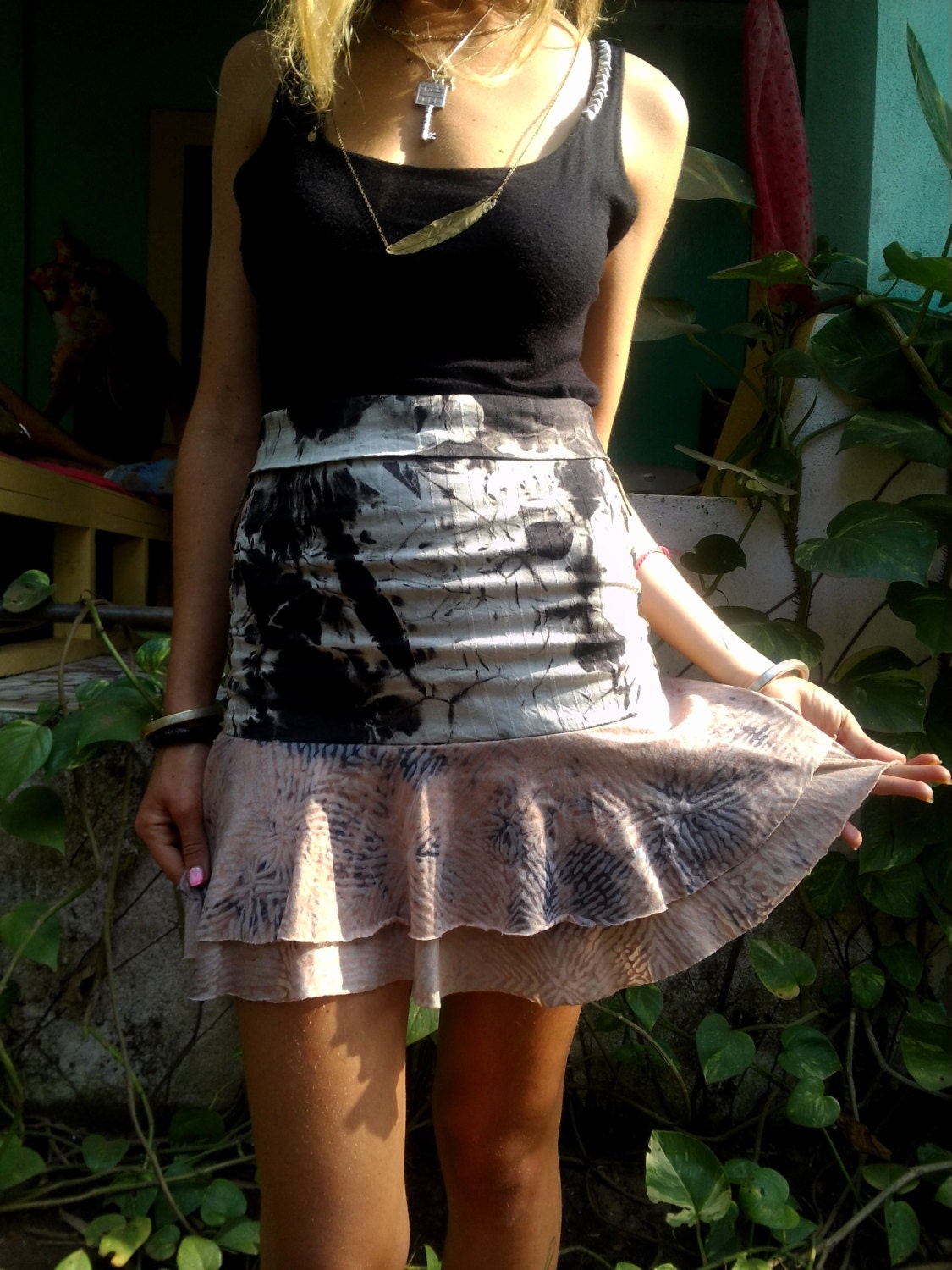 Tie dye black and white woven skirt with animal print burnout