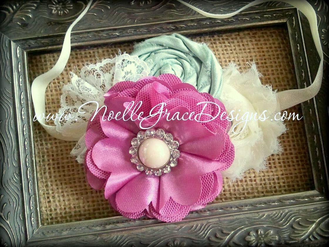 Mauve, Sage & Cream Flower Headband - baby, newborn, girl, photography, photo, prop, girl, hair, bows, accessories, pink, green, ivory