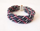 SALE - Beadwork - 3 Strand Bead Crochet Rope Bracelet in hematite, black, white and red - beaded bracelet - seed beads jewelry