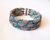 SALE - Beadwork - 3 Strand Bead Crochet Rope Bracelet in light grey and emerald  - beaded jewelry - beaded bracelet