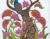 Paisley Peacock  - Embroidered Decorative Linen Kitchen Towel or Absorbent White Cotton Flour Sack Towel