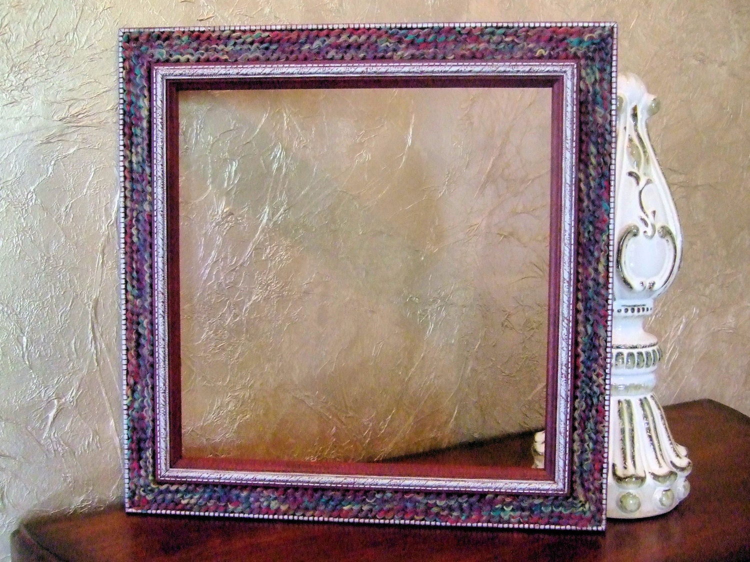 Maroon Antique Finish Picture Frame With Handpainted Silver Trim, Yarn of Maroon, Wine, Yellow, Green, Turqoise, Blue, Custom 12 x 12 Frame